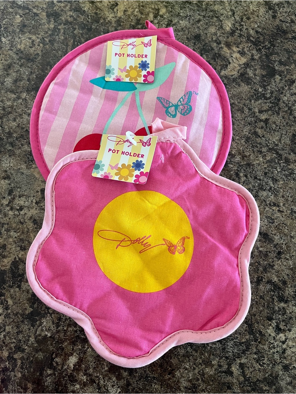 Dolly Parton Pink Flower & Cherries Striped Pot Holders Set